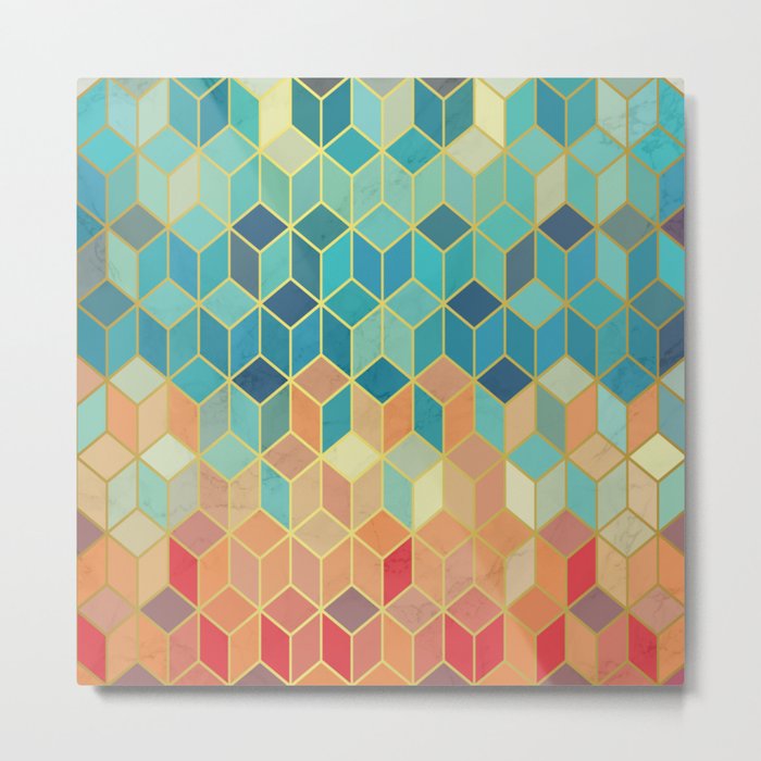 Colorful Squares with Gold - Friendly Colors and Marble Texture Metal Print