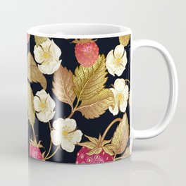 Seamless botanical pattern with strawberry flowers and berries on a black background Coffee Mug