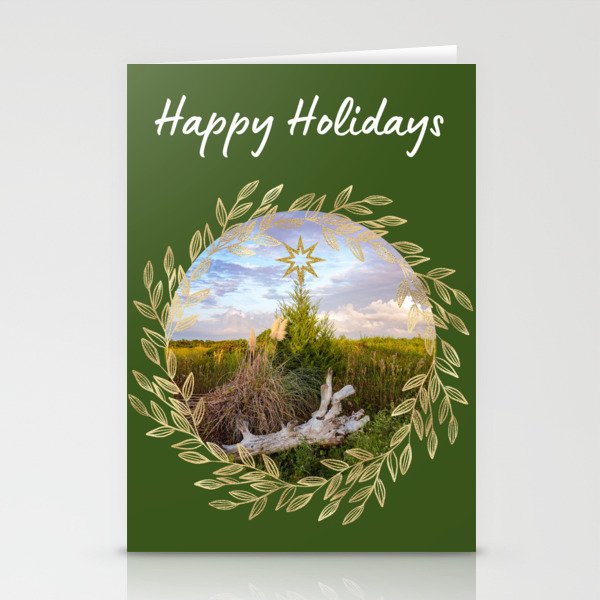 Happy Holidays - Rustic evergreen and gold leaves Stationery Cards