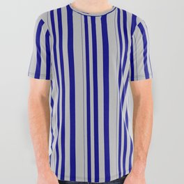 [ Thumbnail: Blue & Grey Colored Stripes Pattern All Over Graphic Tee ]
