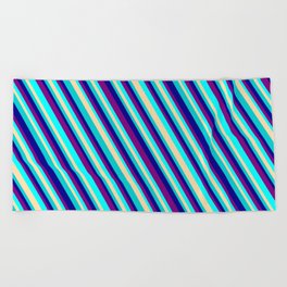 [ Thumbnail: Eye-catching Purple, Aqua, Tan, Dark Turquoise, and Dark Blue Colored Stripes/Lines Pattern Beach Towel ]