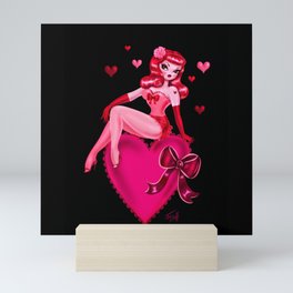 Retro Valentine Redhead Pinup Doll on a Big Heart Mini Art Print
