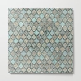 Old Moroccan Tiles Pattern Teal Beige Distressed Style Metal Print | Oriental, Gemstone, Teal, Traditional, Palace, Bohemian, Arabic, Pattern, Morocco, Elegant 