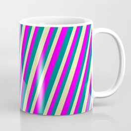 [ Thumbnail: Pale Goldenrod, Fuchsia, and Teal Colored Striped Pattern Coffee Mug ]