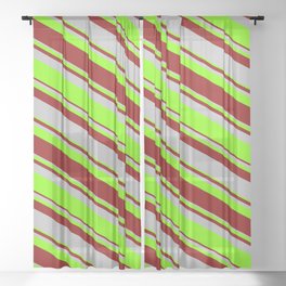 [ Thumbnail: Dark Red, Grey & Chartreuse Colored Lined/Striped Pattern Sheer Curtain ]
