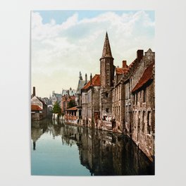  Bruges Belgium - Canal And Belfry - Circa 1900 Photocrom  Poster