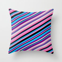[ Thumbnail: Eyecatching Deep Sky Blue, Purple, Light Grey, Hot Pink, and Black Colored Lined Pattern Throw Pillow ]