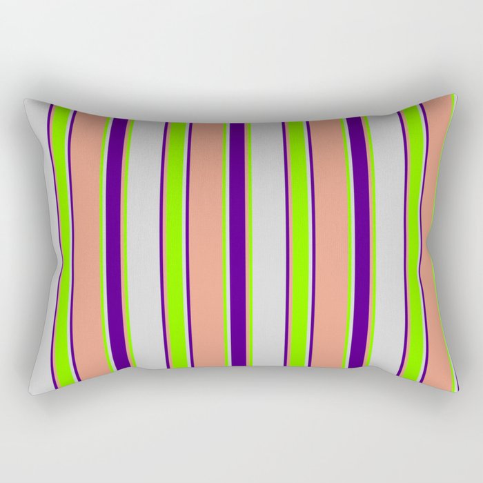 Light Grey, Chartreuse, Dark Salmon, and Indigo Colored Striped/Lined Pattern Rectangular Pillow