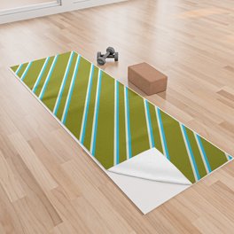 [ Thumbnail: Green, Deep Sky Blue & Beige Colored Striped/Lined Pattern Yoga Towel ]