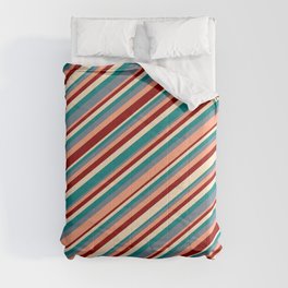 [ Thumbnail: Eye-catching Bisque, Teal, Slate Gray, Light Salmon & Dark Red Colored Stripes Pattern Comforter ]