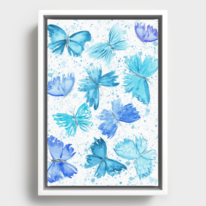 Watercolor Blue and Turquoise Butterflies 2. Framed Canvas