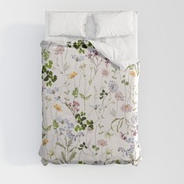 Hand Painted Watercolor Springflowers And Herbs Meadow  Duvet Cover