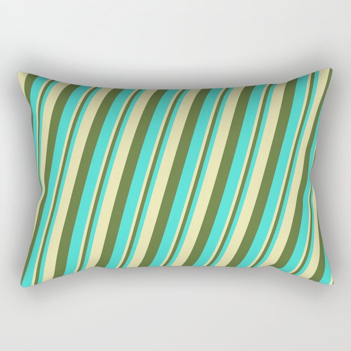 Pale Goldenrod, Dark Olive Green & Turquoise Colored Lines Pattern Rectangular Pillow