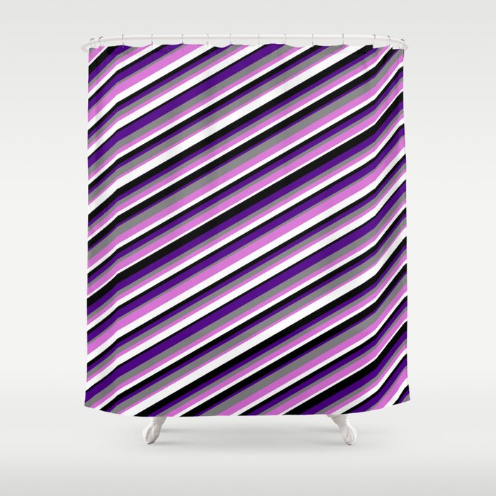 Vibrant Gray, Orchid, White, Black & Indigo Colored Stripes/Lines Pattern Shower Curtain