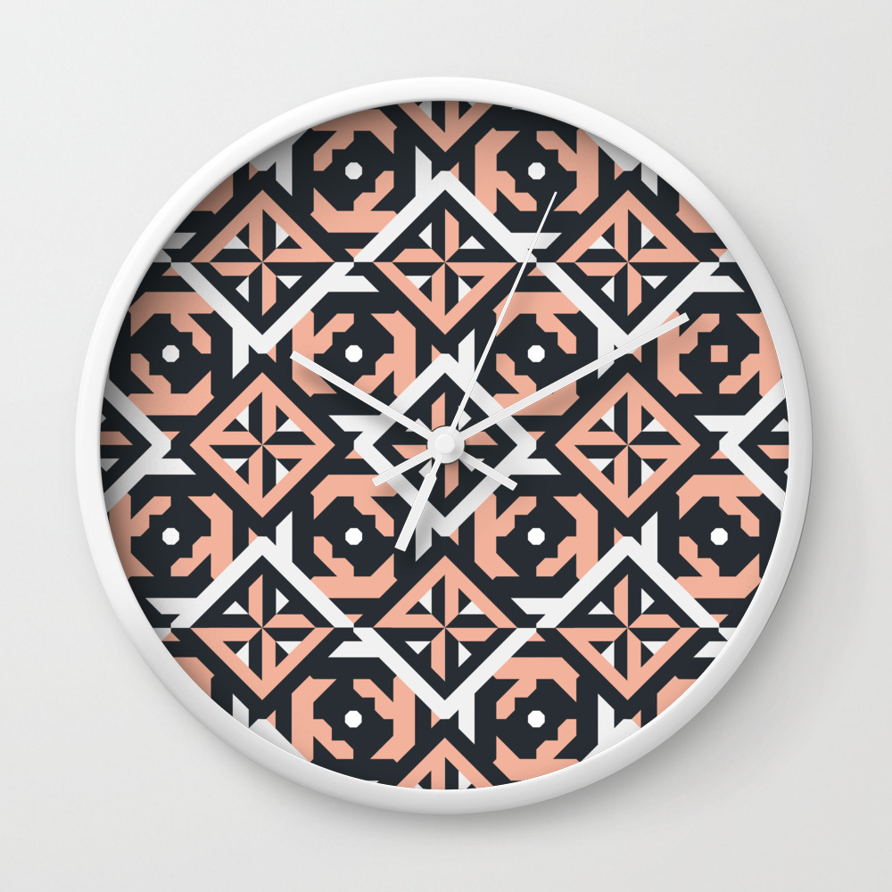 Nuts And Bolts Spanish Floor Tile Pattern In Coral Black And White Wall Clock By Stripes Society6