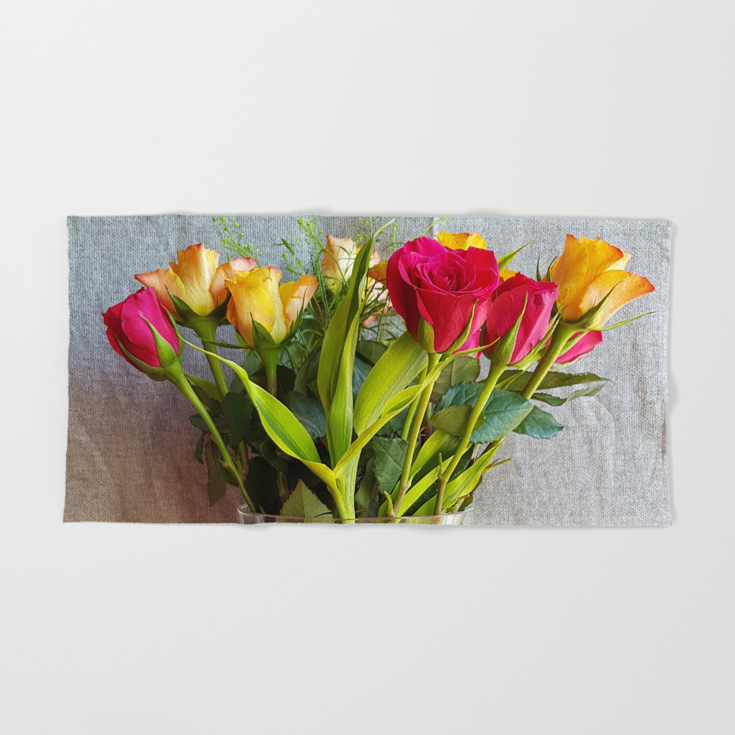 Flowers In A Vase With Red And Yellow Roses Hand Bath Towel By