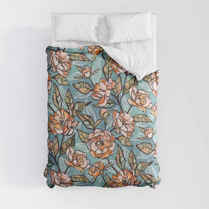 Chalk Pastel Peonies in Apricot on Soft Blue Comforter