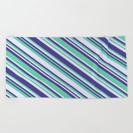 [ Thumbnail: Aquamarine, Lavender & Dark Slate Blue Colored Lined/Striped Pattern Beach Towel ]
