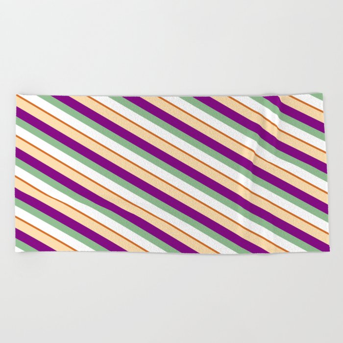 Colorful Tan, Purple, Dark Sea Green, White, and Chocolate Colored Lines/Stripes Pattern Beach Towel
