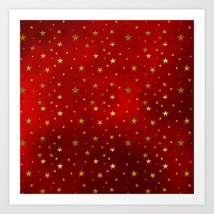Golden Stars on Royal Red Art Print