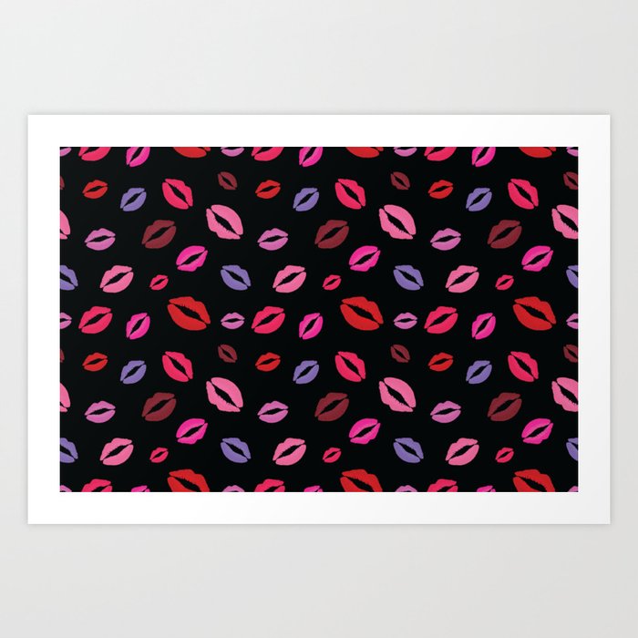 Lipstick kisses on black background. Digital Illustration background Art Print