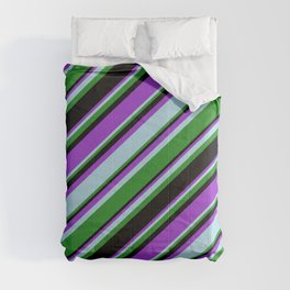 [ Thumbnail: Dark Orchid, Light Blue, Forest Green, and Black Colored Stripes/Lines Pattern Comforter ]