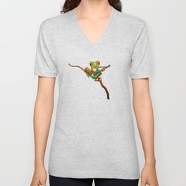 Tree Frog Playing Acoustic Guitar with Flag of Brazil Unisex V-Neck