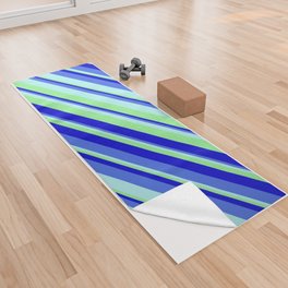 [ Thumbnail: Turquoise, Light Green, Blue, and Royal Blue Colored Stripes/Lines Pattern Yoga Towel ]