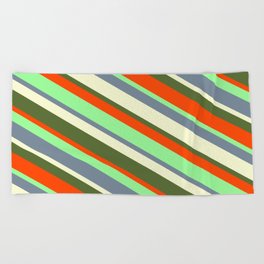 [ Thumbnail: Eyecatching Green, Light Slate Gray, Light Yellow, Dark Olive Green, and Red Colored Lined Pattern Beach Towel ]