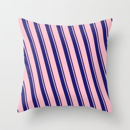 [ Thumbnail: Midnight Blue and Pink Colored Lined/Striped Pattern Throw Pillow ]