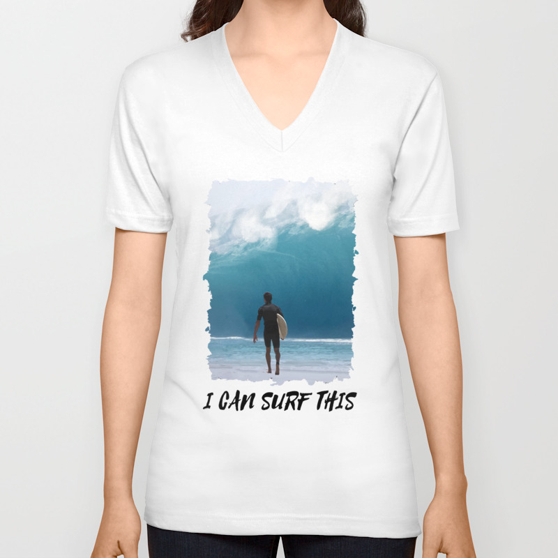 I Can Surf This Tsunami Wave Funny Surfer Surfing T-Shirt Unisex V-Neck T-shirt by eliasgarbe
