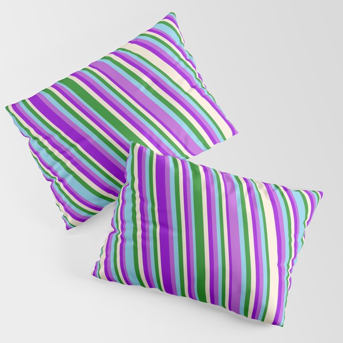 Eye-catching Forest Green, Sky Blue, Orchid, Dark Violet, and Beige Colored Striped/Lined Pattern Pillow Sham