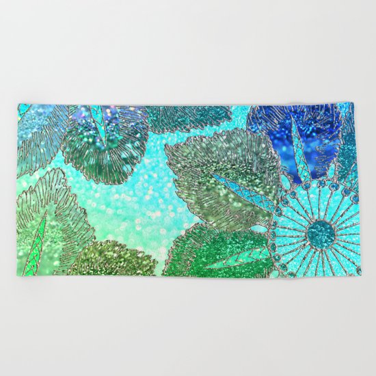 Aqua Green and Blue Glitter Flowers on #Society6 Beach Towel