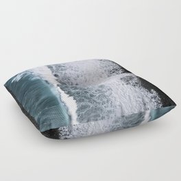 Aerial of a Black Sand Beach with Waves - Oceanscape Floor Pillow