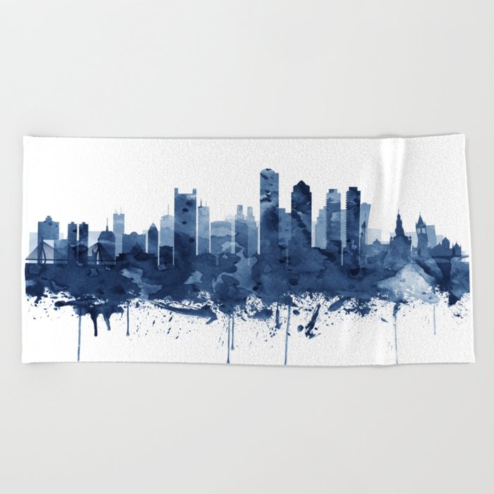 Boston Skyline Watercolor Blue, Art Print By Synplus Beach Towel