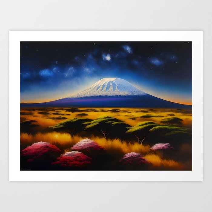 Nights under the heavens at Mount Kilimanjaro, Tanzania, African Serengeti plains landscape painting  Art Print