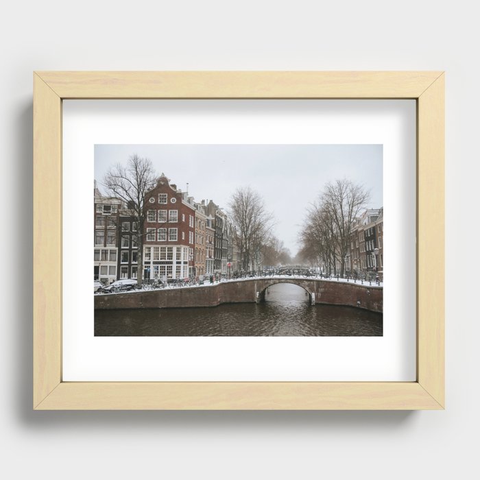 White Amsterdam in the snow with bridges and canals | Canal house in The Netherlands | Old dutch architecture | Travel photography Recessed Framed Print