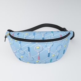 Retro Tennis Racquets Collection on Blue Court Fanny Pack