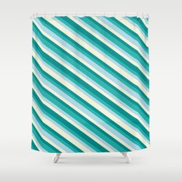 [ Thumbnail: Beige, Dark Cyan, Light Sea Green, and Light Blue Colored Stripes/Lines Pattern Shower Curtain ]