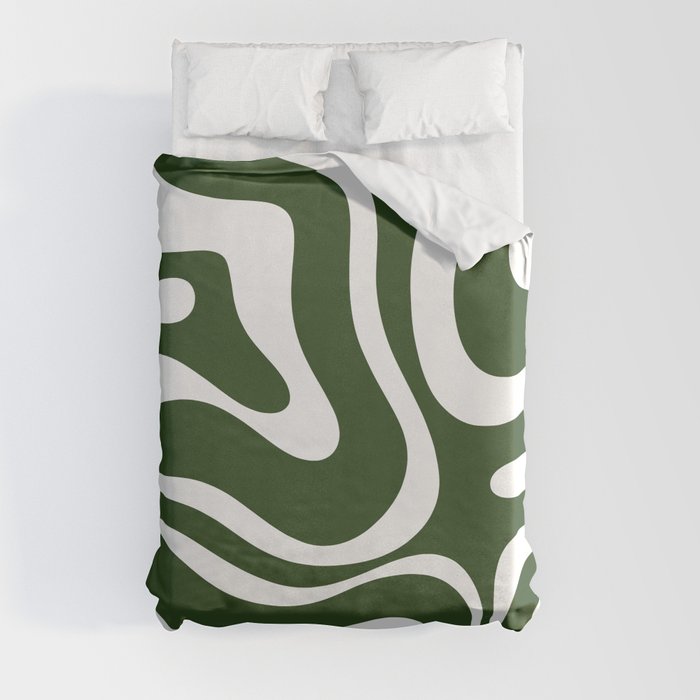 Retro Modern Liquid Swirl Abstract Pattern in Deep Green and White Duvet Cover