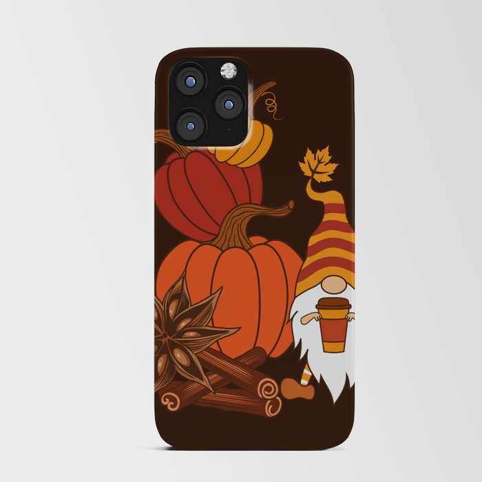 Pumpkins, star anise, cinnamon sticks, autumn leaves and gnome with a cup of pumpkin spice drink. Holiday card. Vintage fall design.  iPhone Card Case