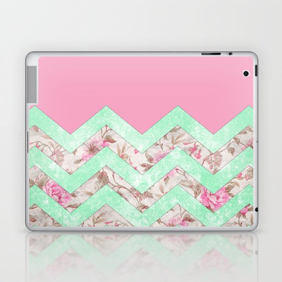 Girly Mint Green Pink Floral Block Chevron Pattern Laptop & iPad Skin