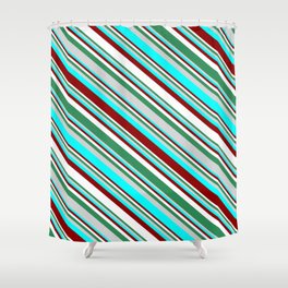 [ Thumbnail: Eyecatching Sea Green, Light Grey, Cyan, Dark Red, and White Colored Lines Pattern Shower Curtain ]