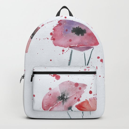 Red poppy flowers watercolor painting Backpack
