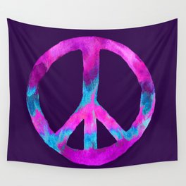 Purple Turquoise Watercolor Tie Dye Peace Sign on Purple Wall Tapestry