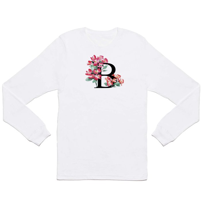 Letter 'B' Begonia Flower Monogram Typography Long Sleeve T Shirt