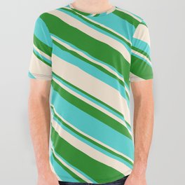 [ Thumbnail: Forest Green, Turquoise & Beige Colored Striped Pattern All Over Graphic Tee ]