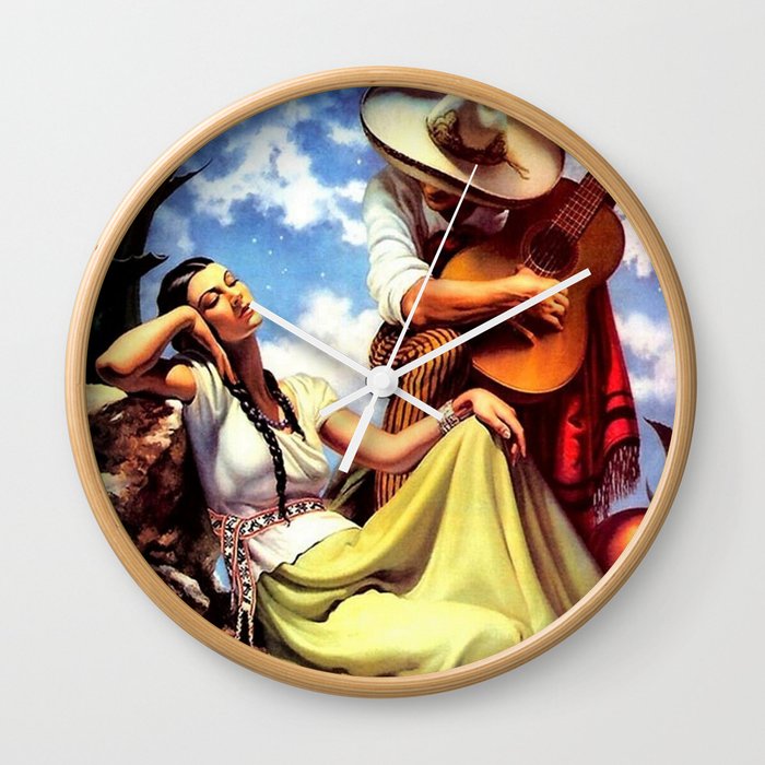 Love and Spanish Guitar (tocaores) in the Sonoran Desert, Señorita romantic portrait painting Wall Clock
