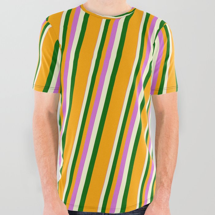 Orchid, Light Yellow, Dark Green & Orange Colored Striped/Lined Pattern All Over Graphic Tee