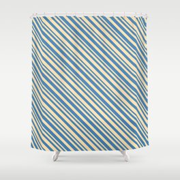 [ Thumbnail: Beige & Blue Colored Lined/Striped Pattern Shower Curtain ]